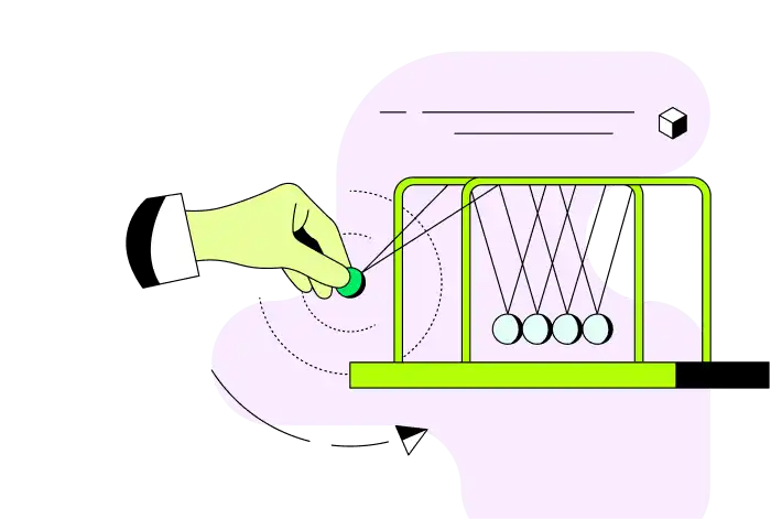 Illustration of a Newton's cradle device that illustrates the cause and effect nature of Atlas Triggers.