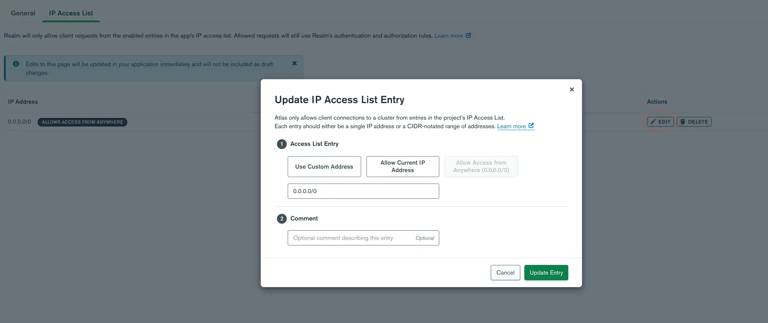 Edit IP Access List Entry - modal