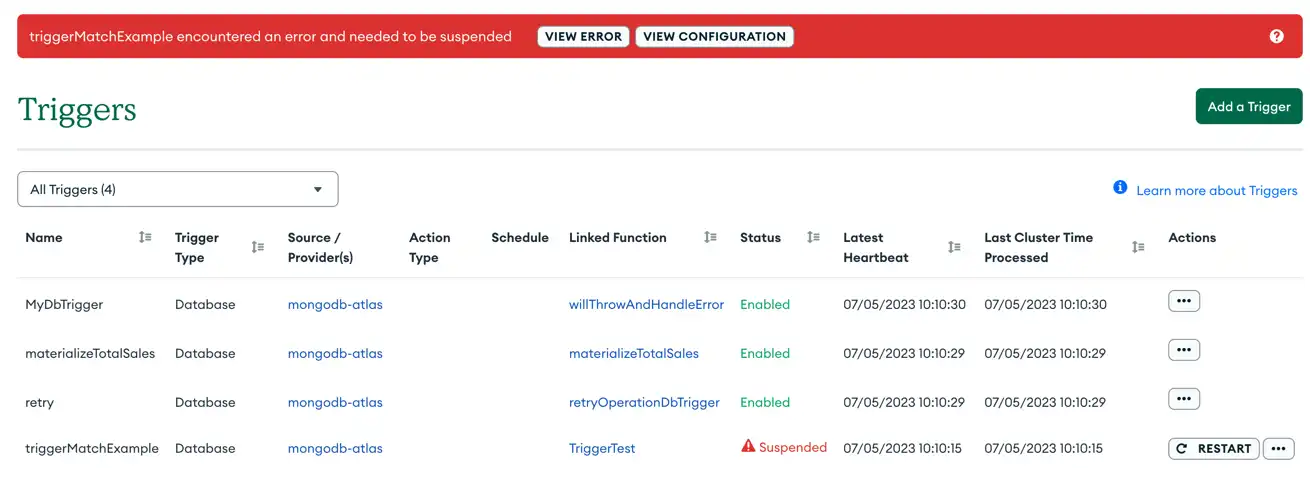 A database trigger that is marked Suspended in the UI