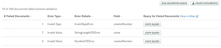 The table that displays schema validation errors in the App Services UI