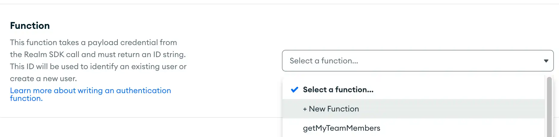 The function selection dropdown in the App Services UI.