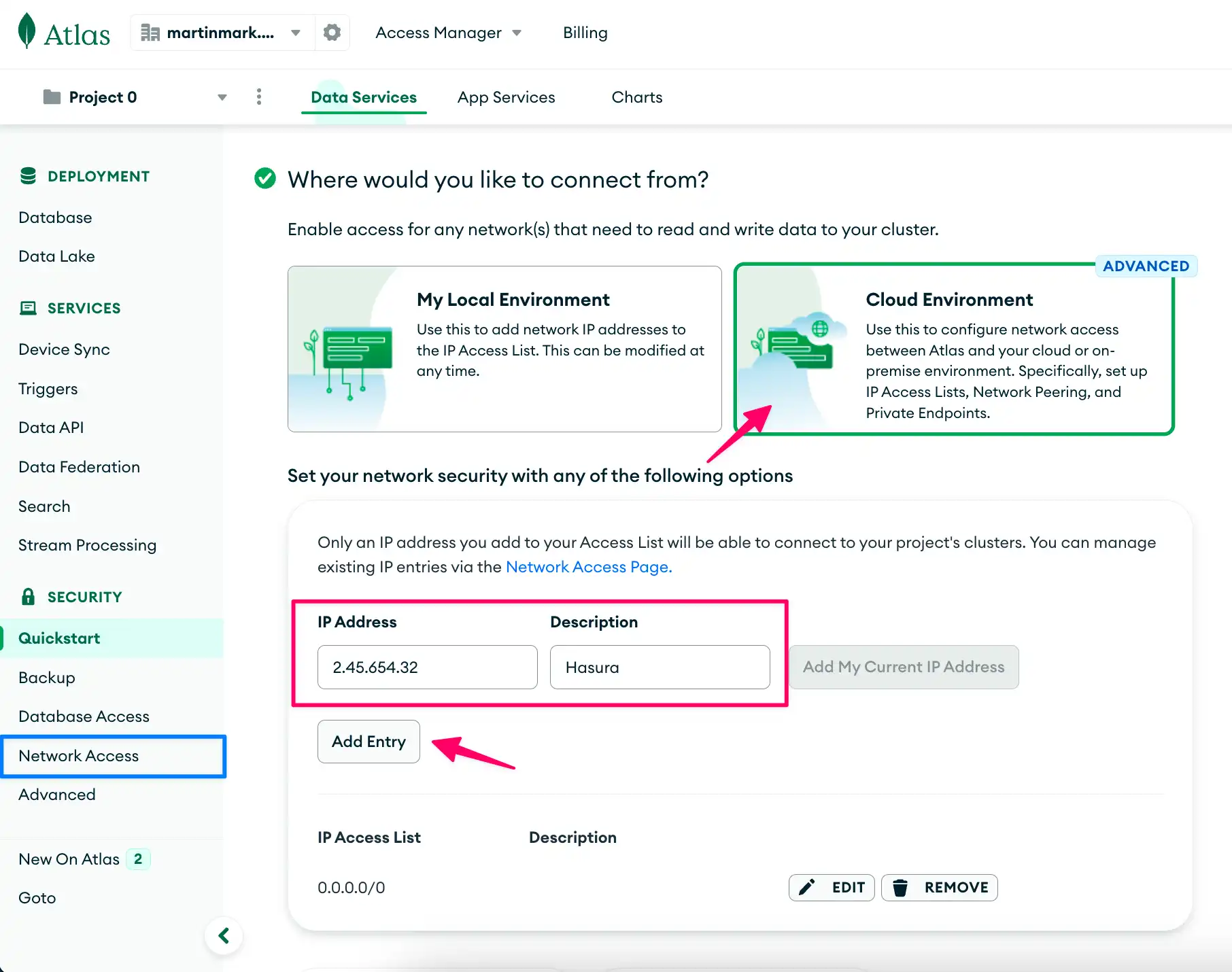 Network access page.