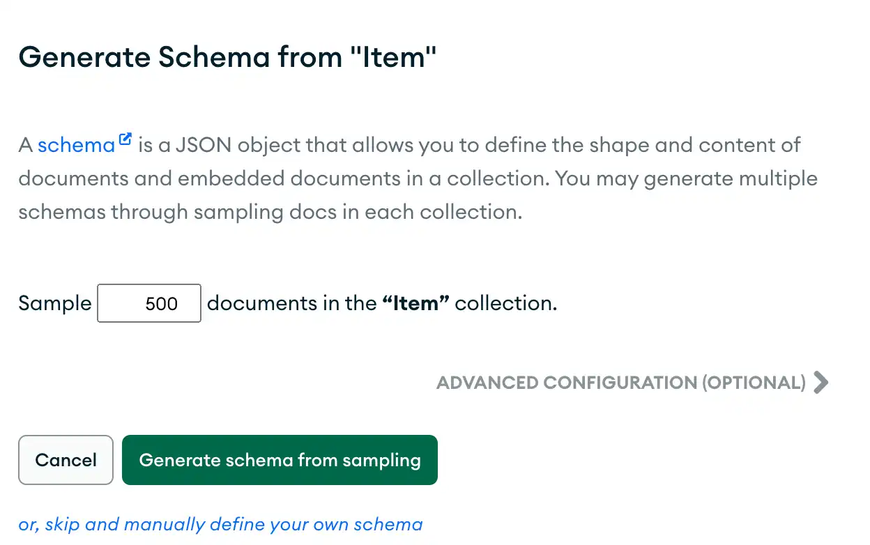 The Generate Schema sample size input in the App Services UI