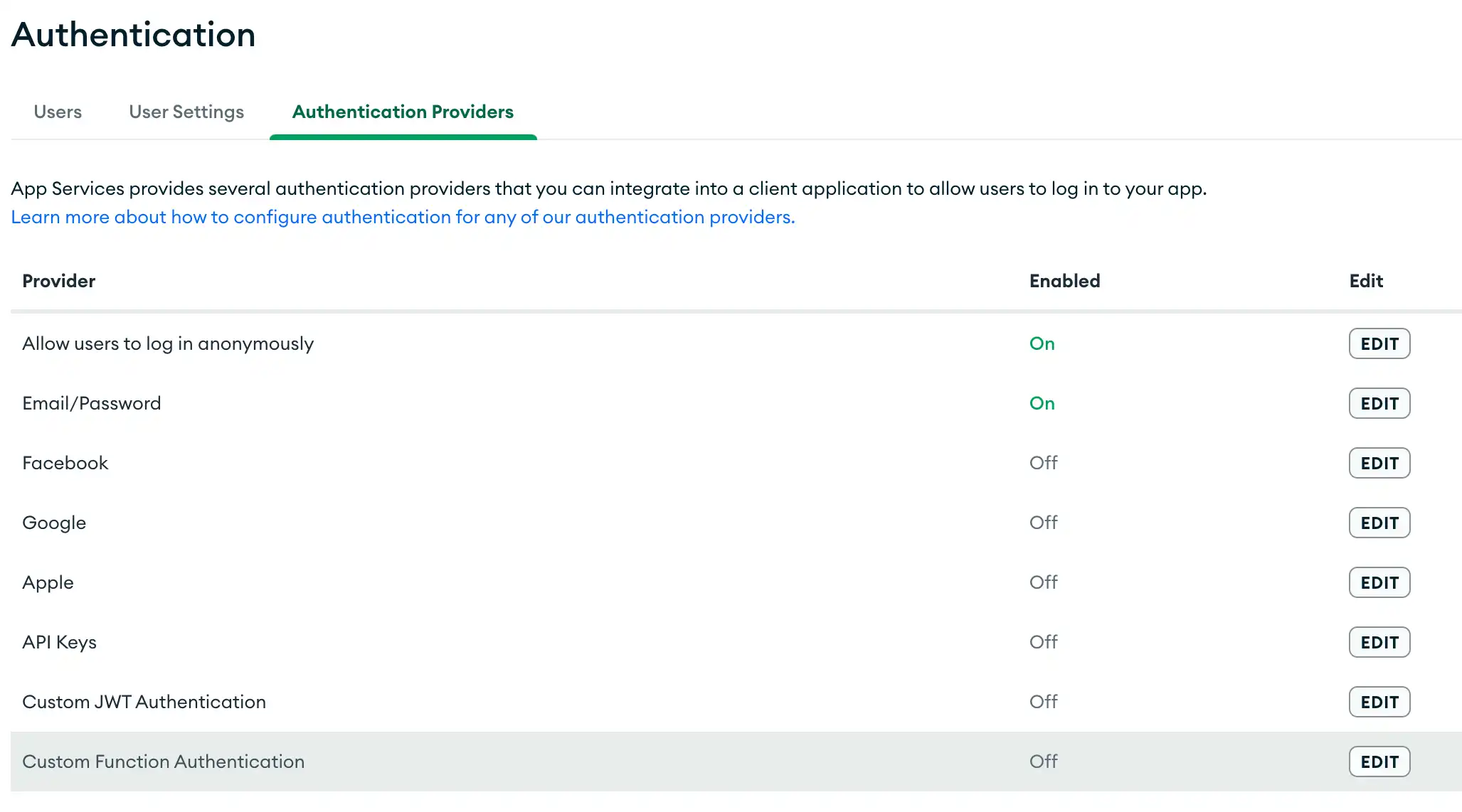 The list of authentication providers in the App Services UI with the Custom Function provider highlighted.