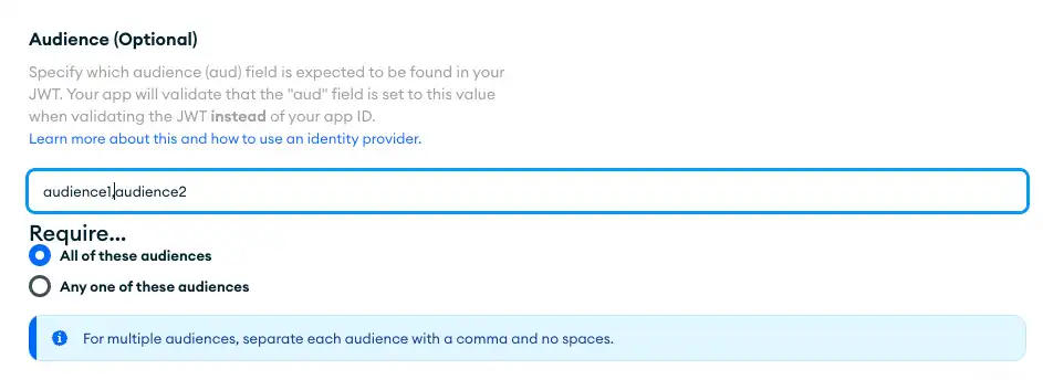 The Custom JWT audience configuration input with multiple audiences