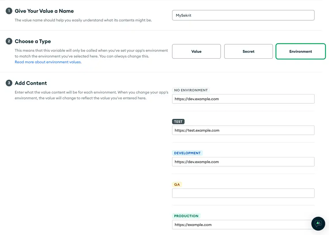 Environment value inputs in the App Services UI