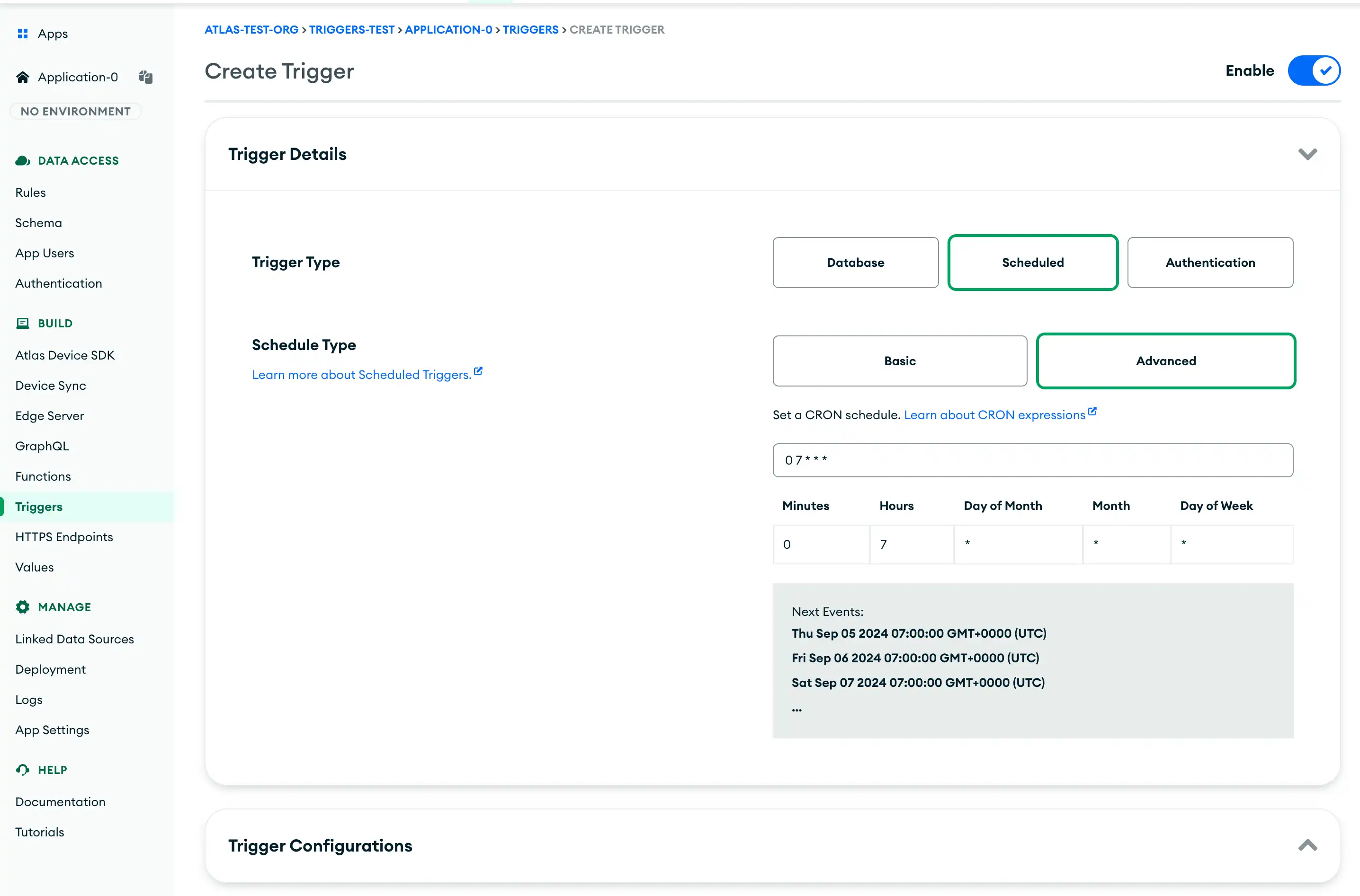 Example UI that configures the trigger