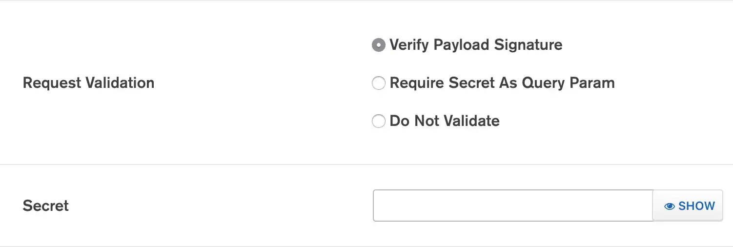 The request validation secret input in the UI