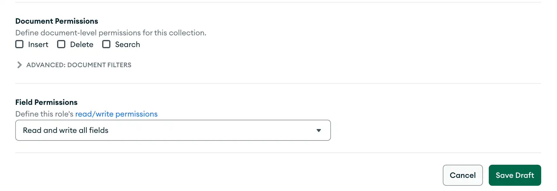 A role that lacks permission to insert new documents