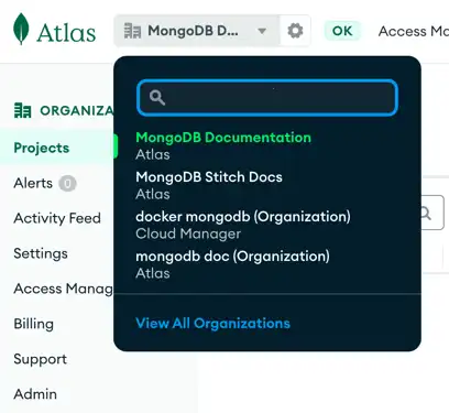 Menu showing a list of available Organizations