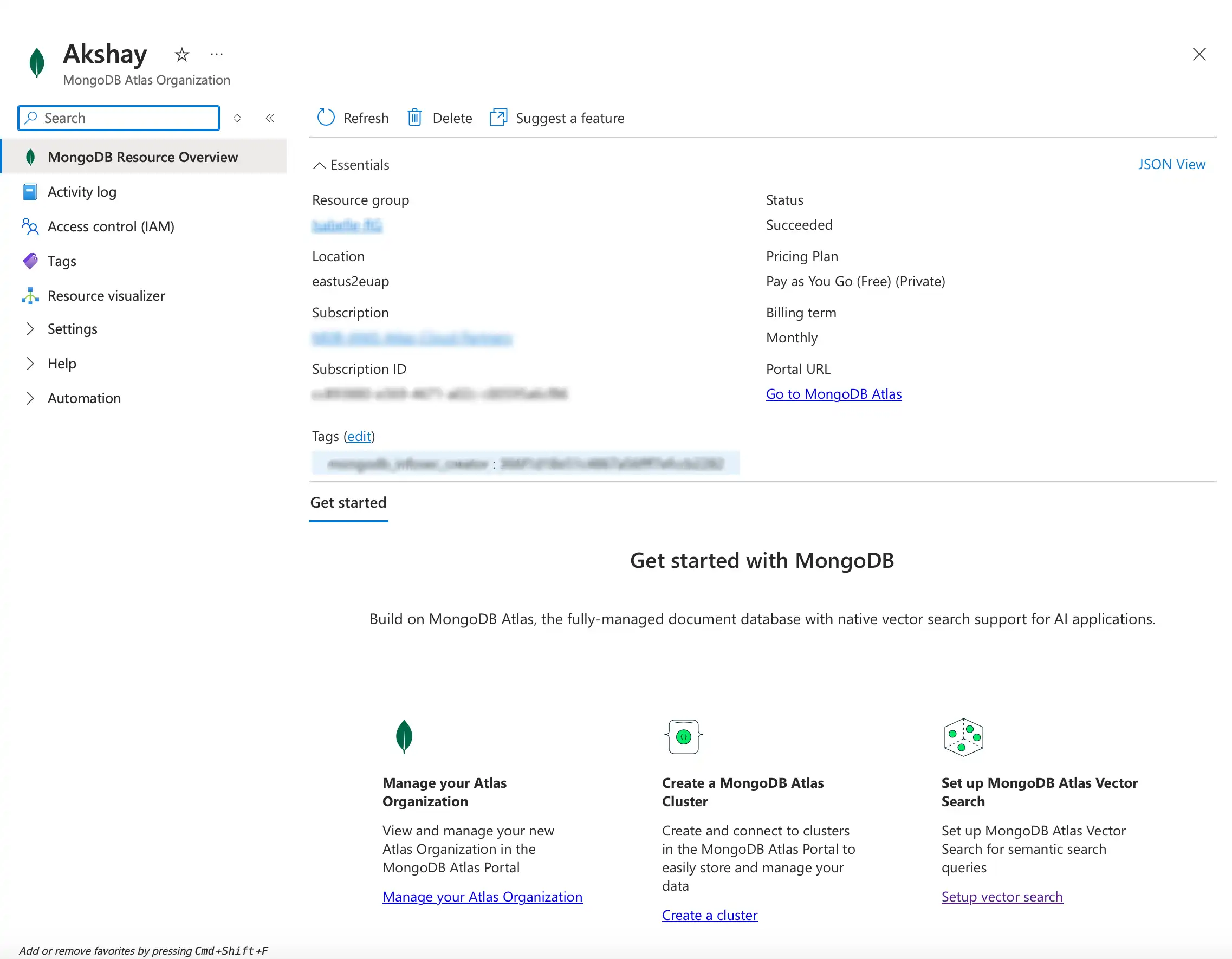 Azure Atlas Organization Portal URL