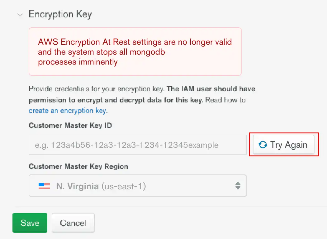 The Try Again button is to the right of the Customer Master Key ID field in Atlas Advanced Security settings