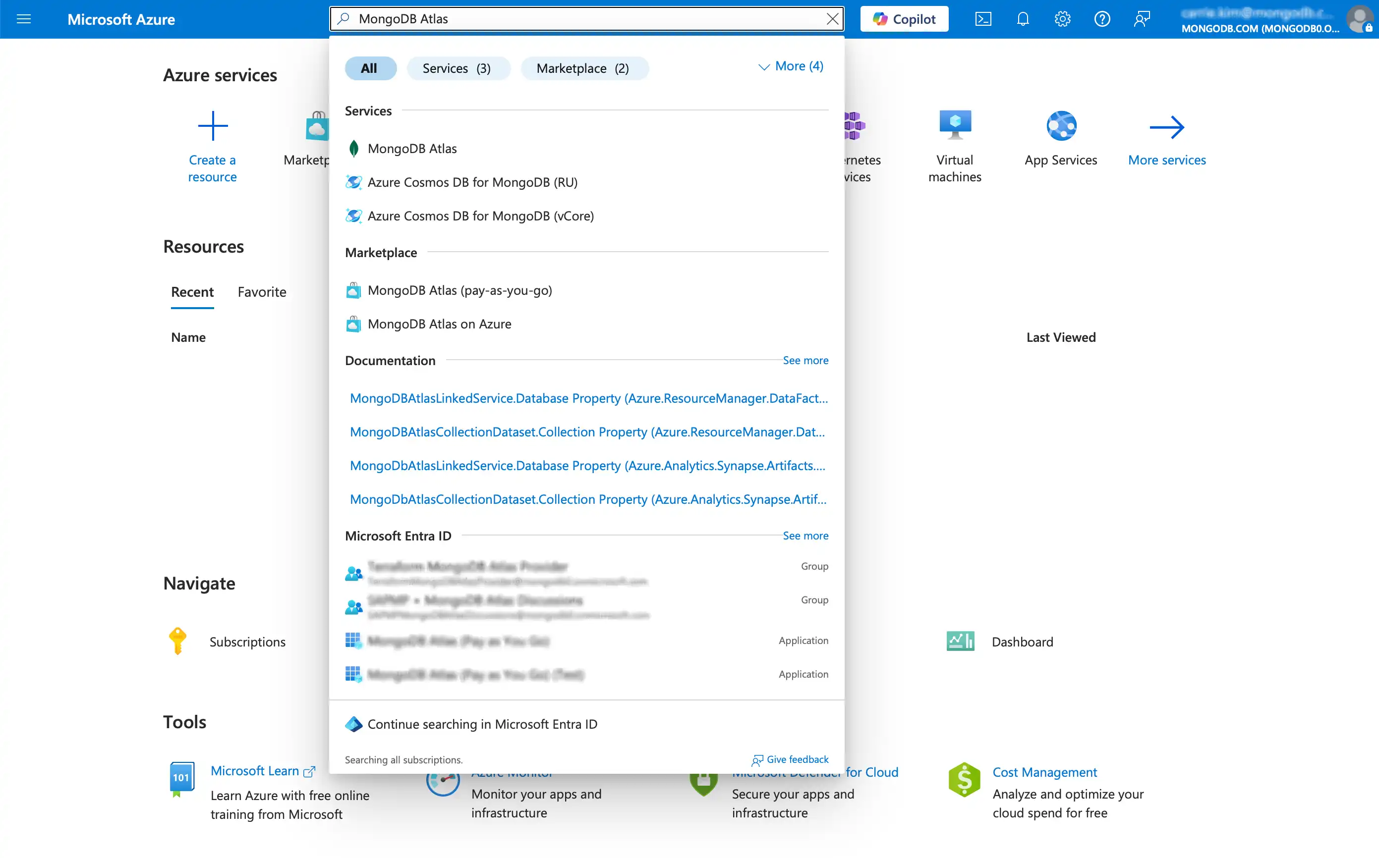 Azure search bar image for navigating MongoDB Atlas