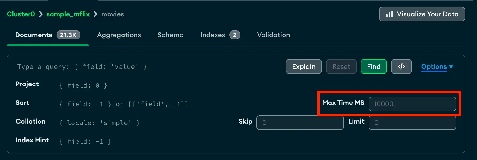 The Options button is on the right side of the query bar,
next to the Analyze button.