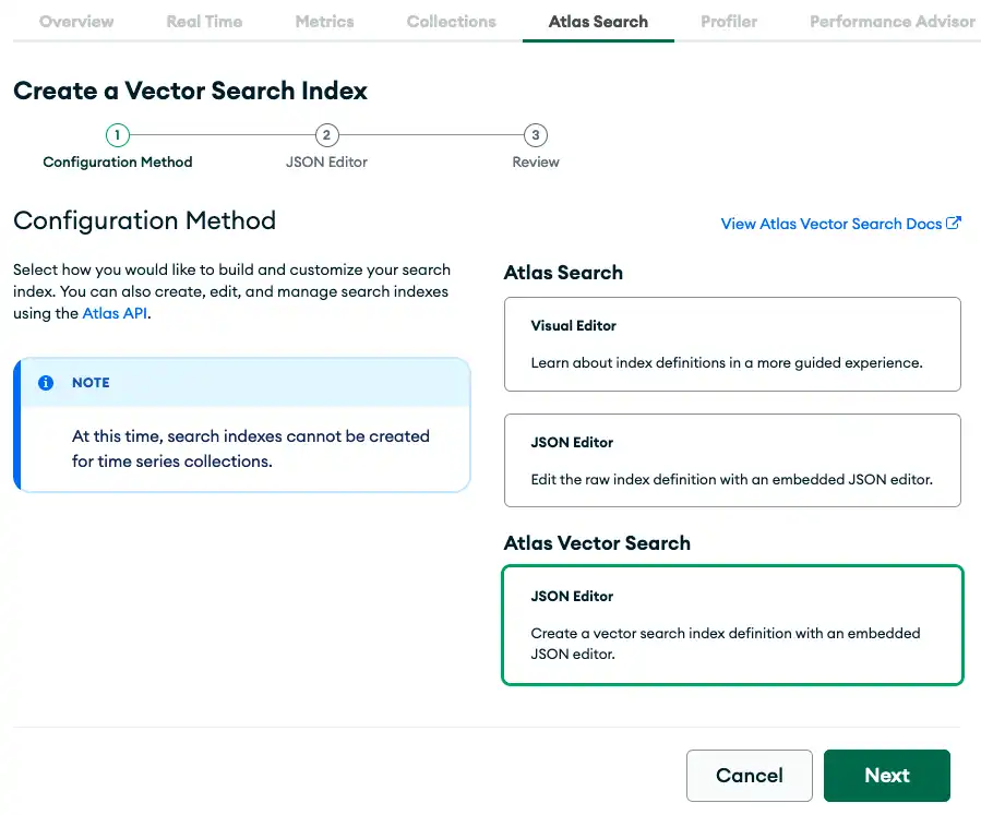 Screenshot of create Atlas Vector Search index