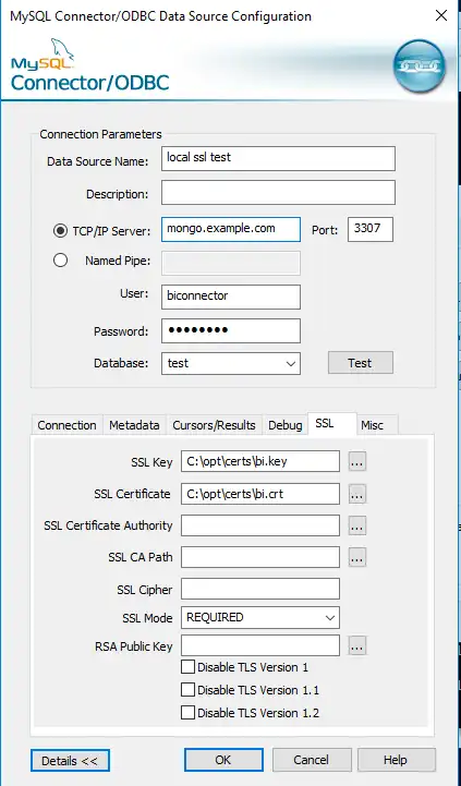 Screenshot of DSN config screen