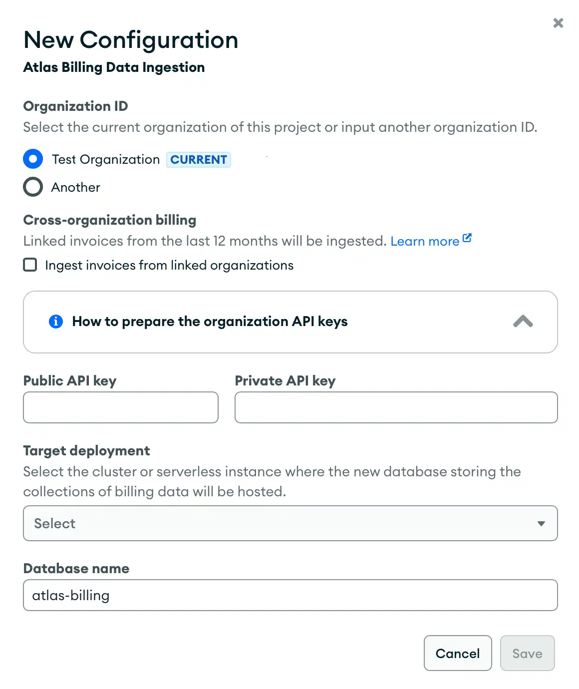 Configuration box for the Atlas Billing Ingestion.