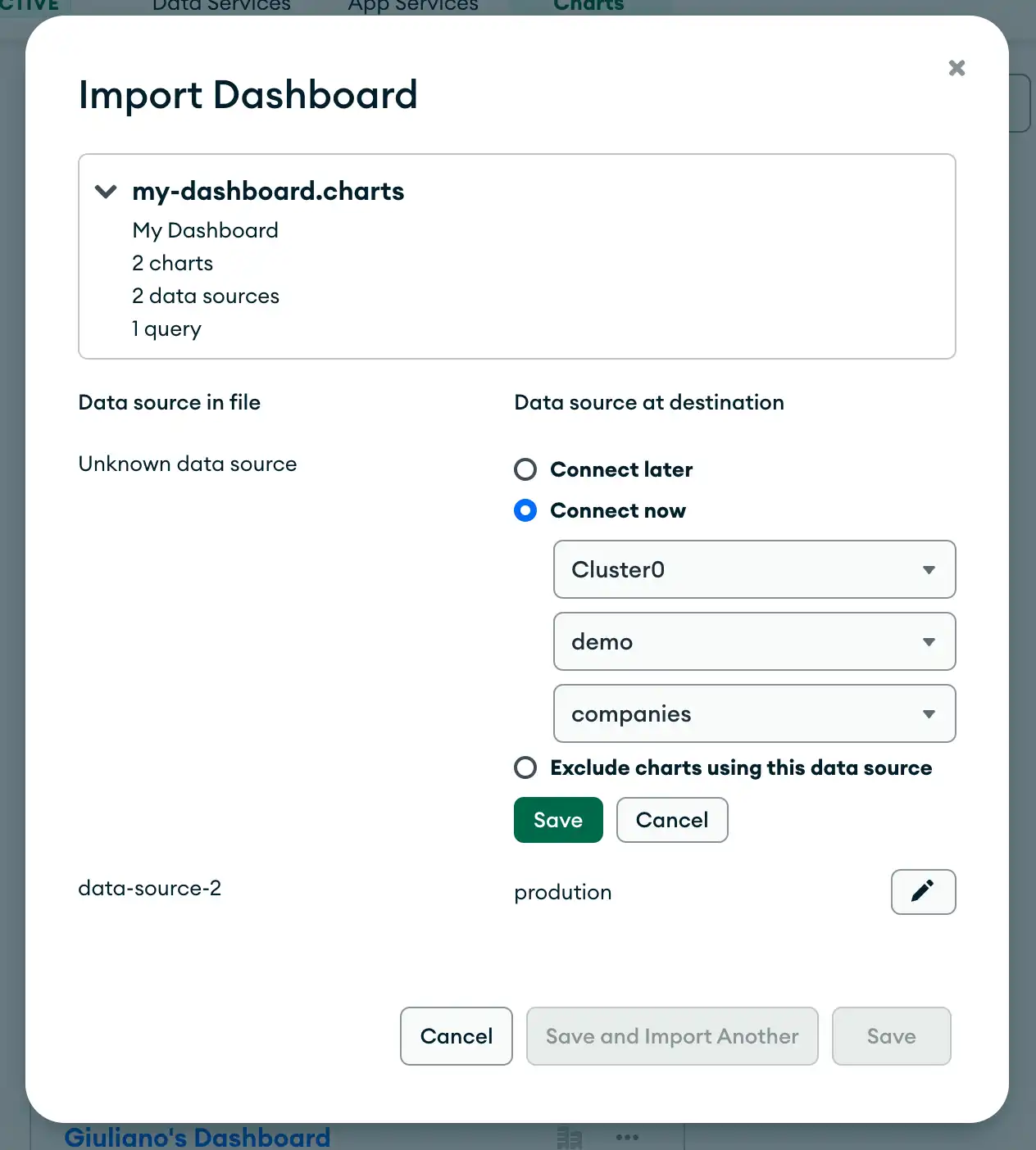 Import Dashboard modal.