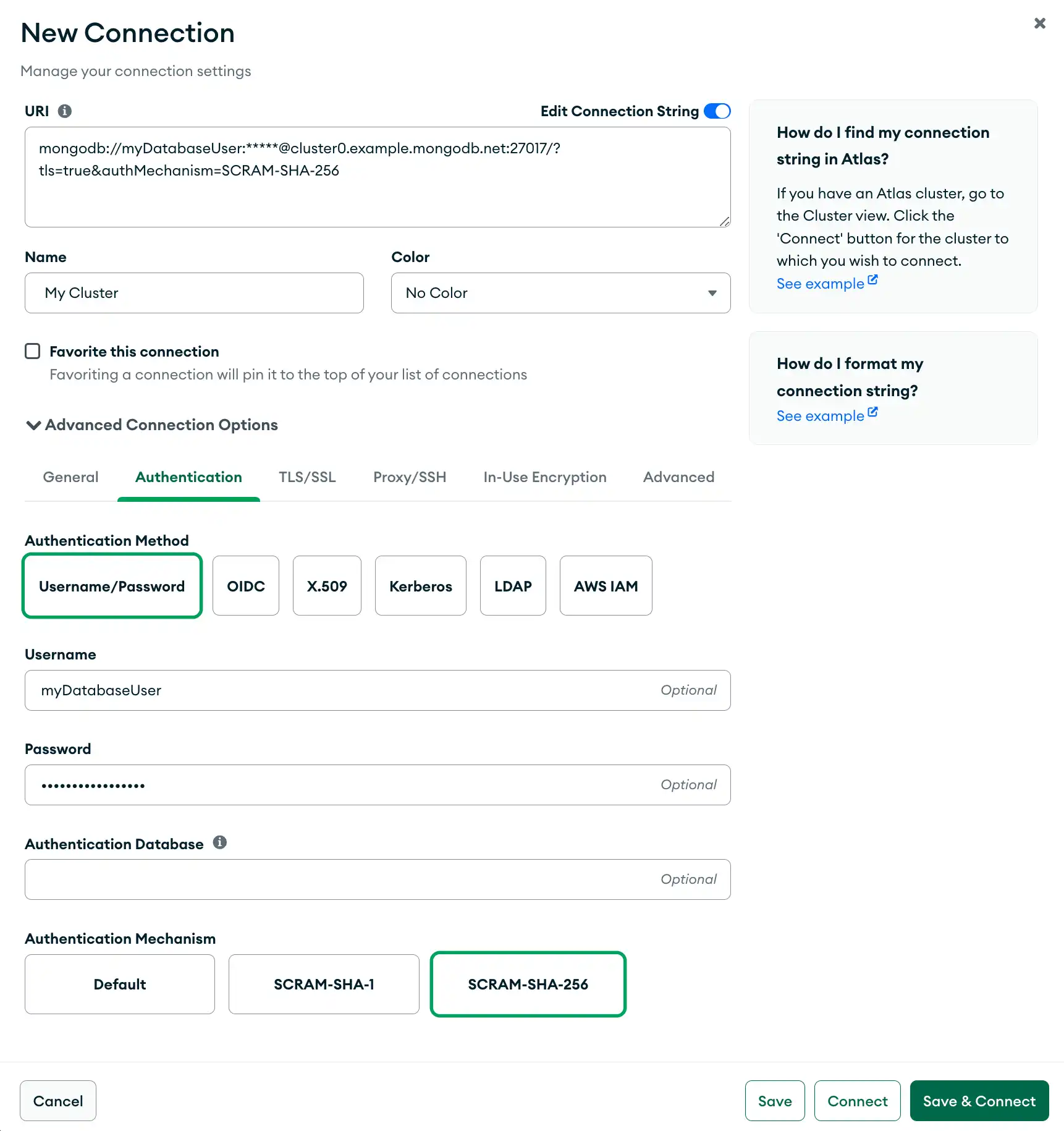 Screenshot of Compass configured to connect to an example Atlas cluster