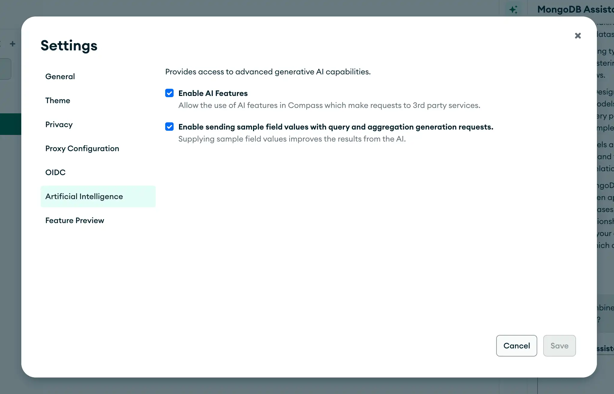 Page in Compass settings with AI setting disabled