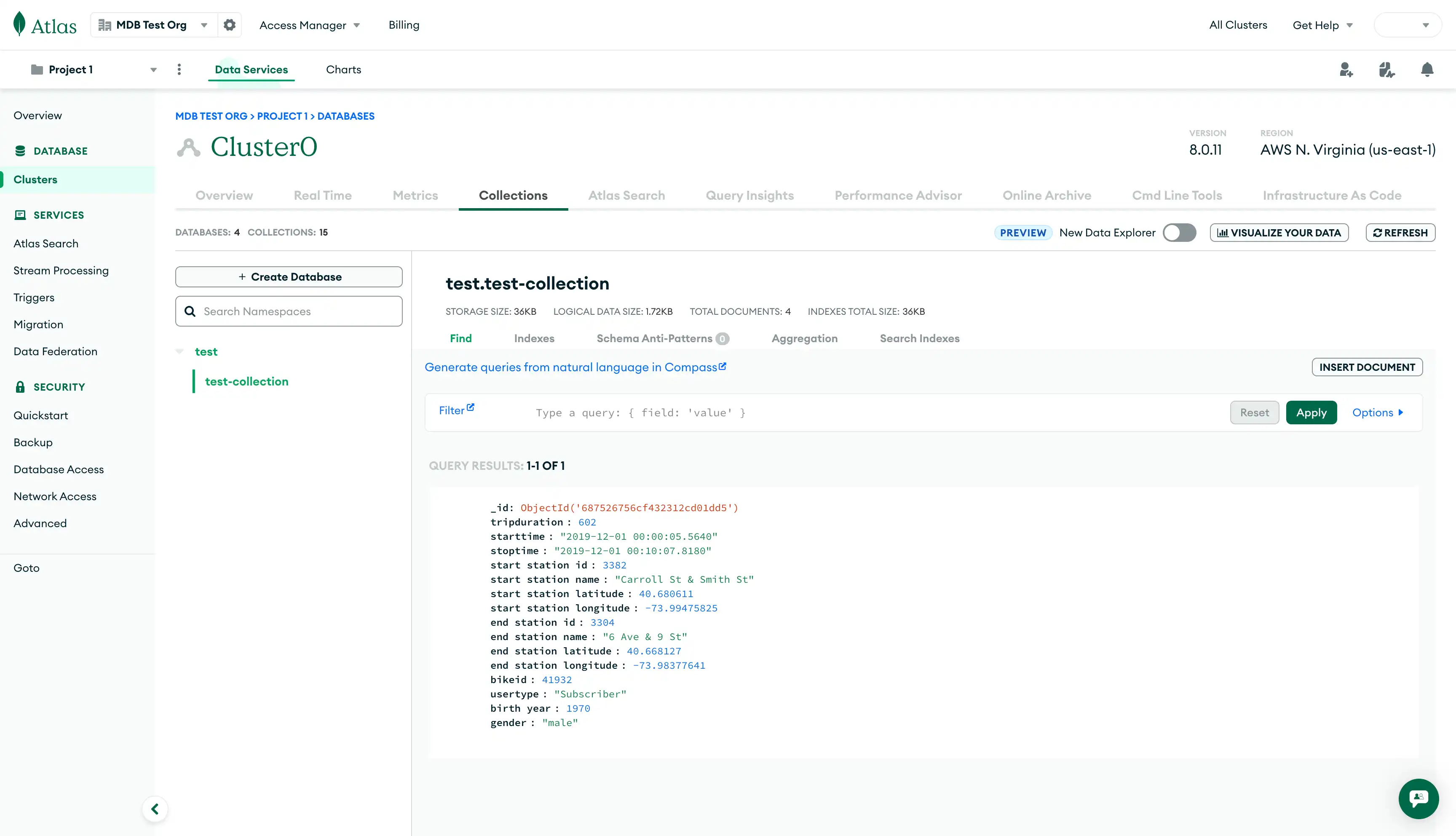 Import one document with mongoimport Atlas UI data