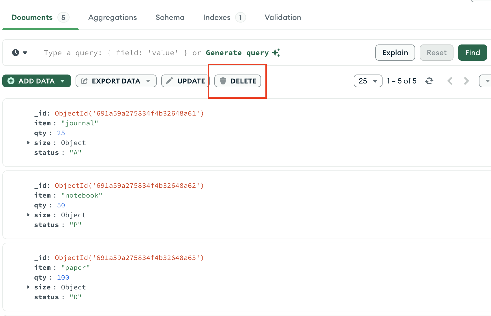 MongoDB Compass showing the Documents tab with the DELETE
button highlighted.