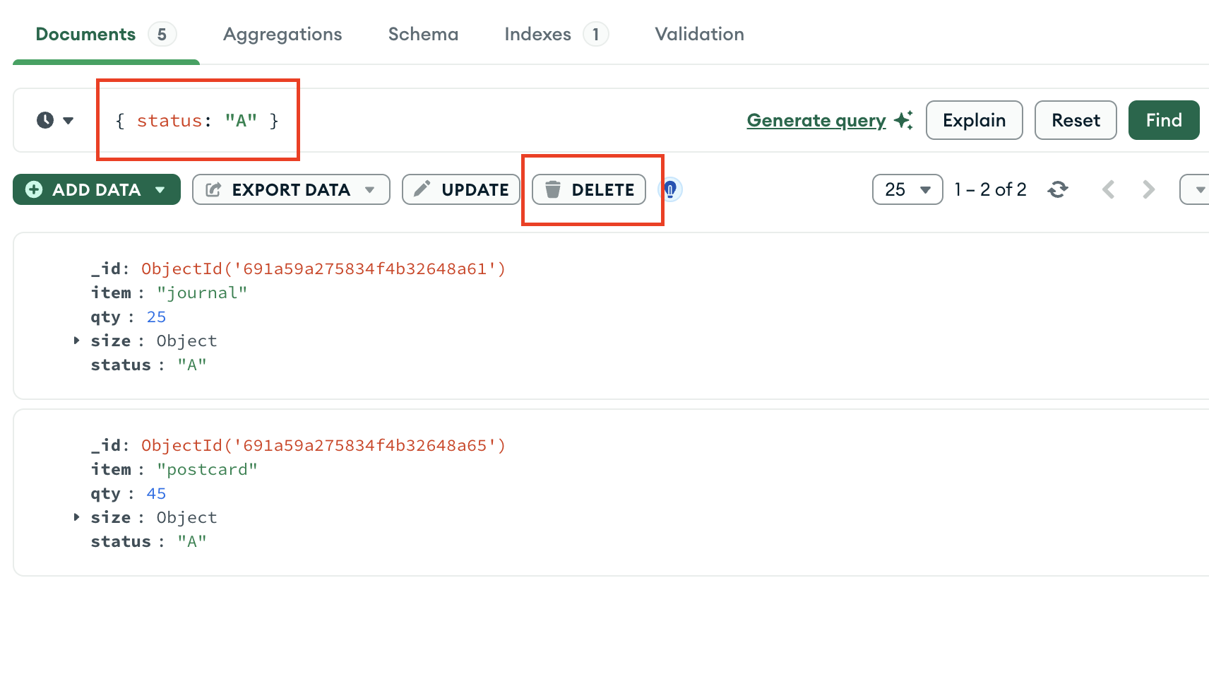 MongoDB Compass showing the Documents tab with the DELETE
button highlighted with a filter of { status: "A" }.