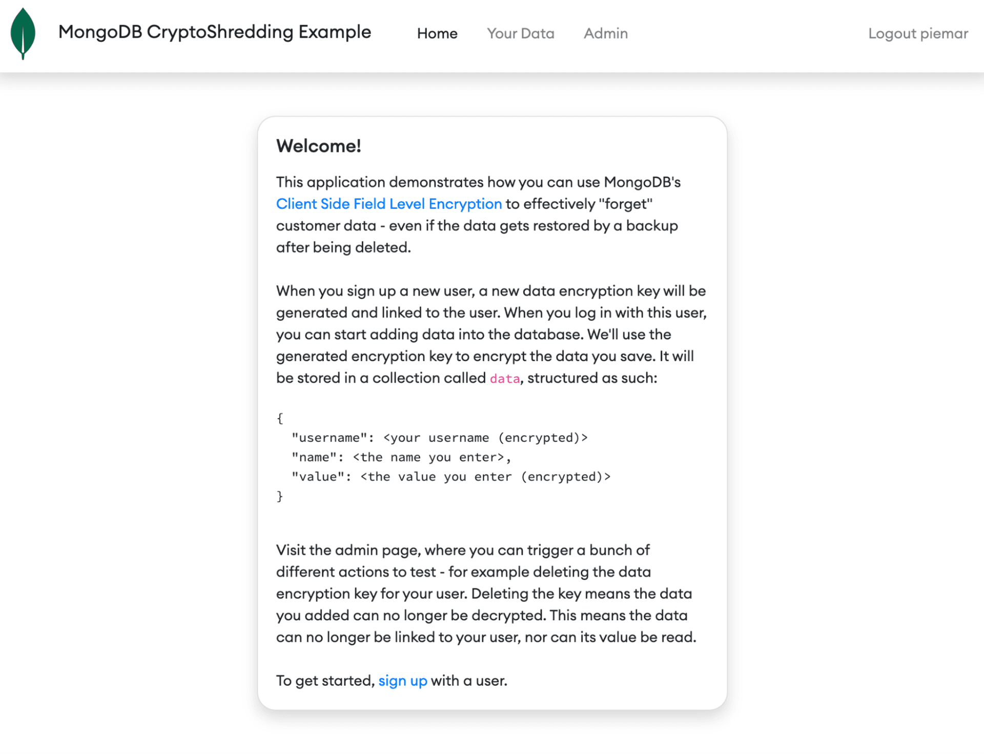 An example of the crypto shredding UI
