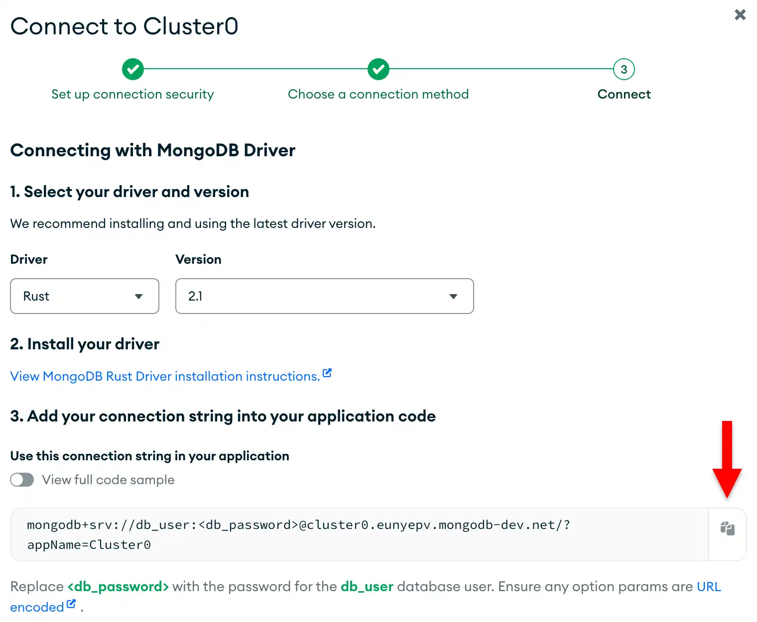 The connection string copy button in the Atlas UI