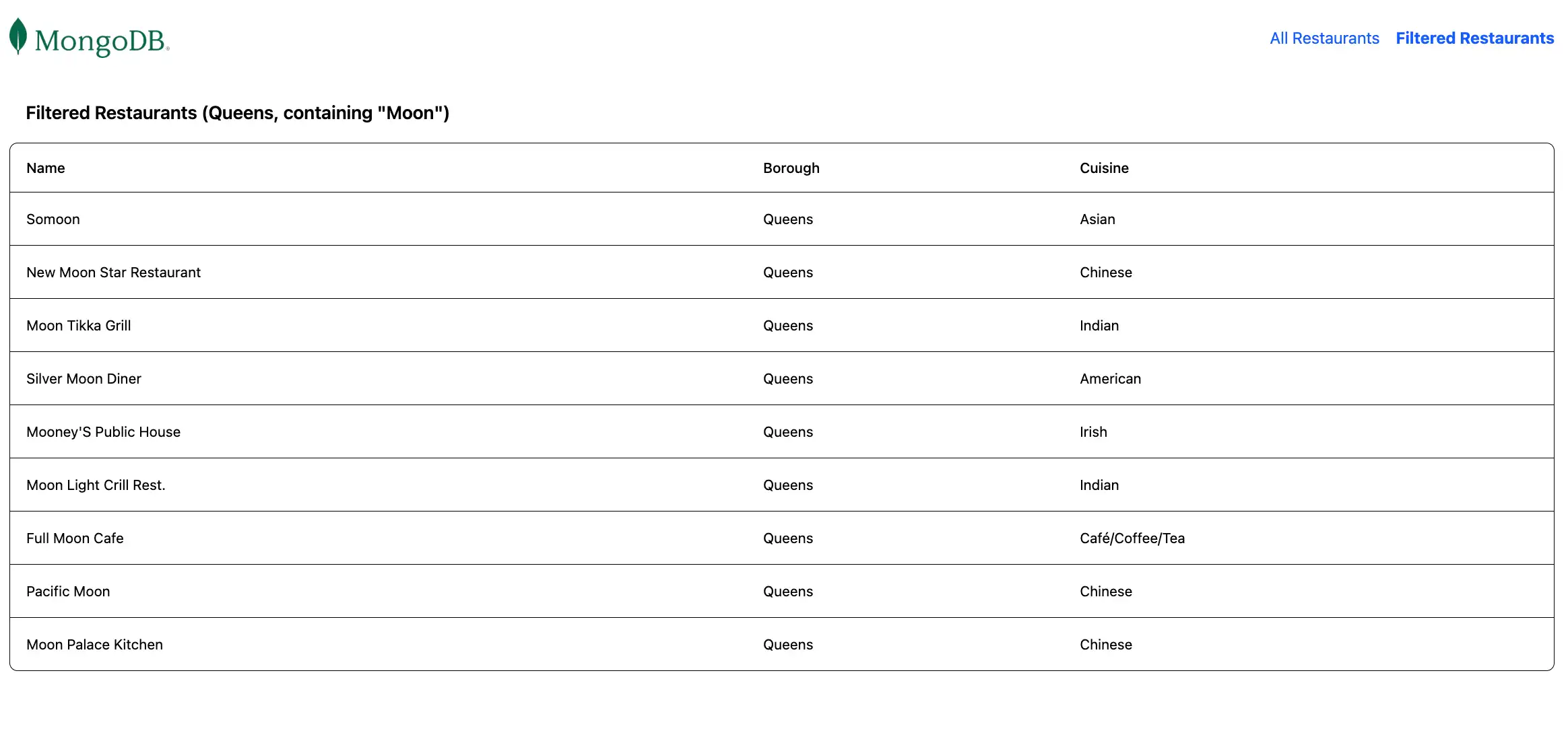 The web page that displays the matching restaurants