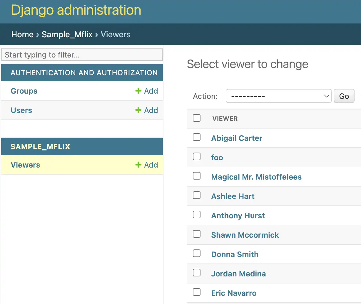 The list of viewers displayed on the admin site.