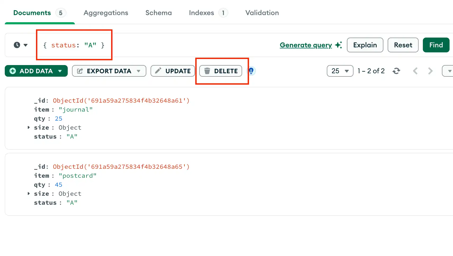 MongoDB Compass showing the Documents tab with the DELETE button highlighted with a filter of { status: "A" }.