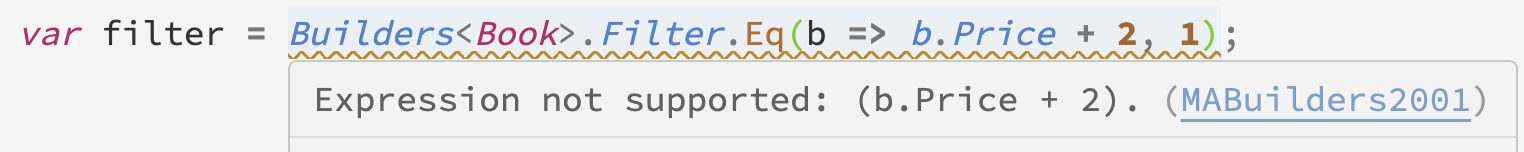 Screenshot of builder expression with MABuilders2001 rule message