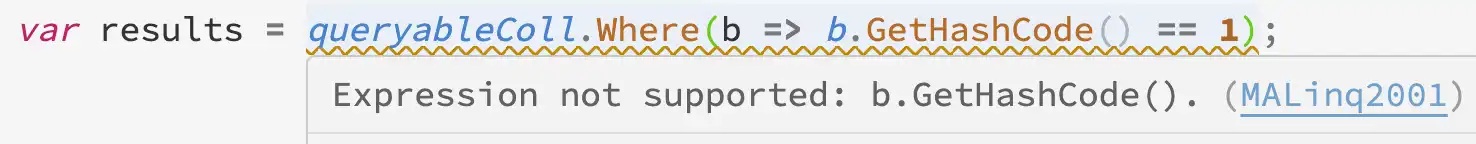Screenshot of LINQ expression with MALinq2001 rule message