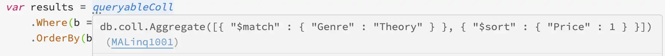 Screenshot of LINQ expression with MALinq1001 rule message