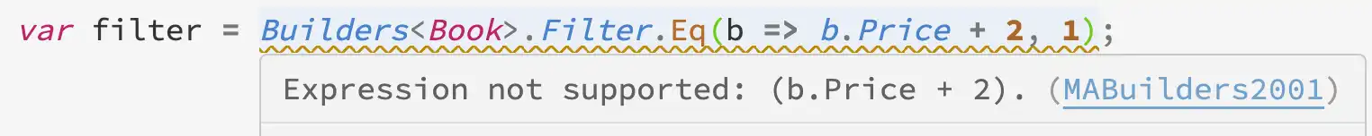 Screenshot of builder expression with MABuilders2001 rule message