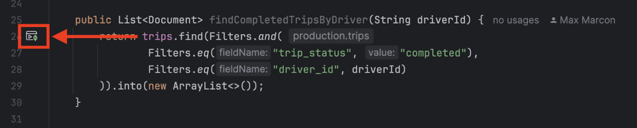 Click the Run icon to convert your Java query to mongosh syntax.