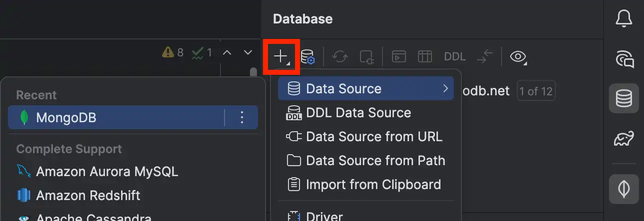 Click the + icon and select MongoDB from the drop-down menu.