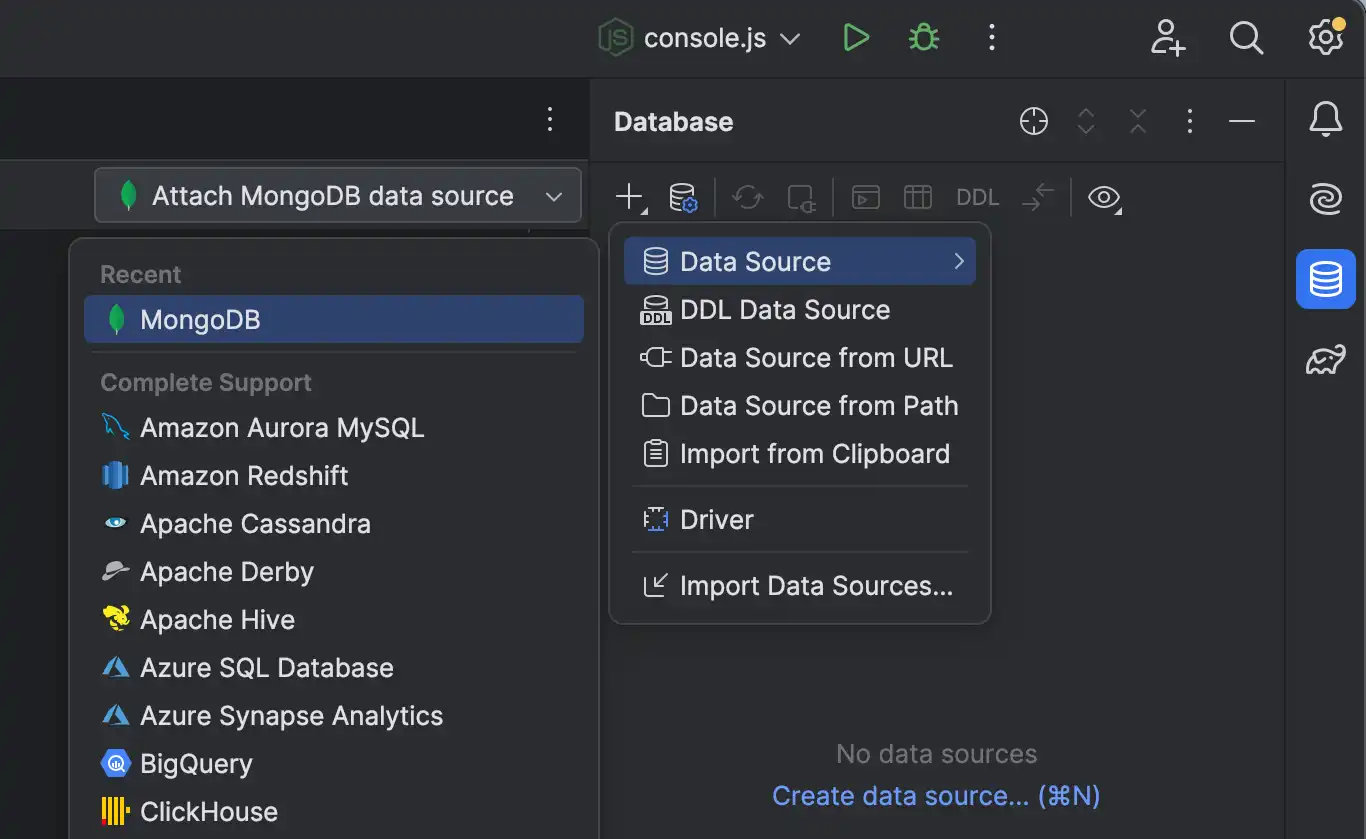 Click the + button > Data Source > MongoDB.