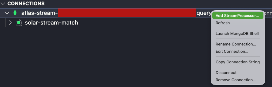 Image of the add stream processor menu option