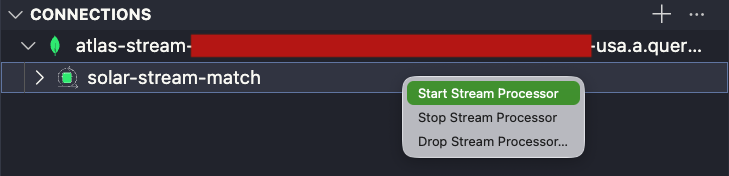 Image of the stream processors options in VSCode
