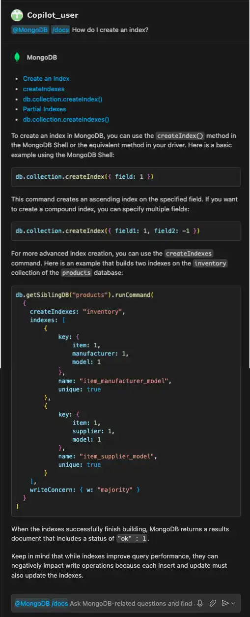 Screenshot of copilot providing information on creating an index