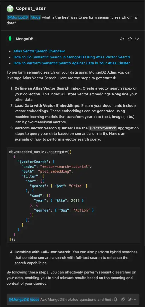 Screenshot of copilot providing information on using vector search