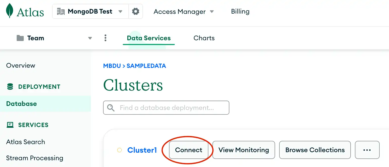 The connect button in the clusters section of the Atlas UI