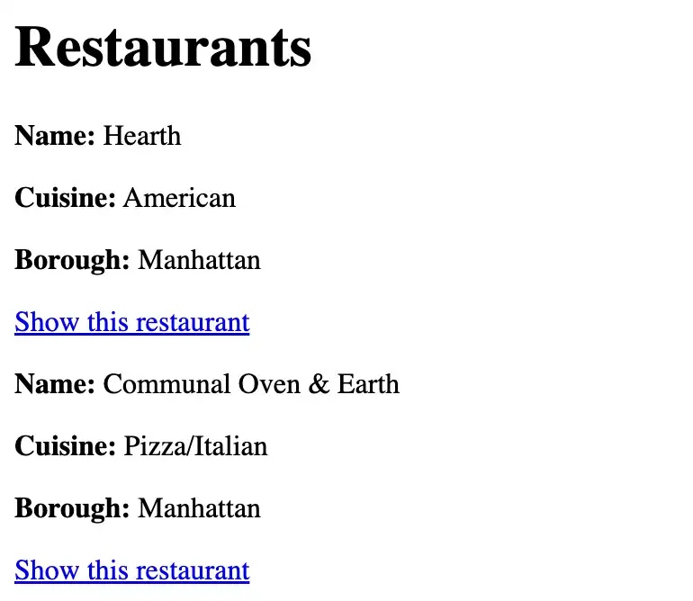 The rendered list of restaurants