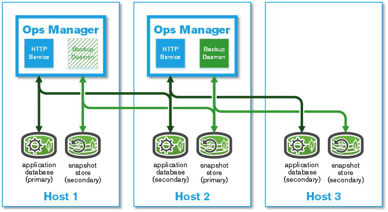 A typical deployment uses replica sets for the application database and snapshot store.