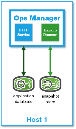 The minimal deployment is suitable for development or testing, and hosts the application and backup daemon, as well as associated databases on a single server.