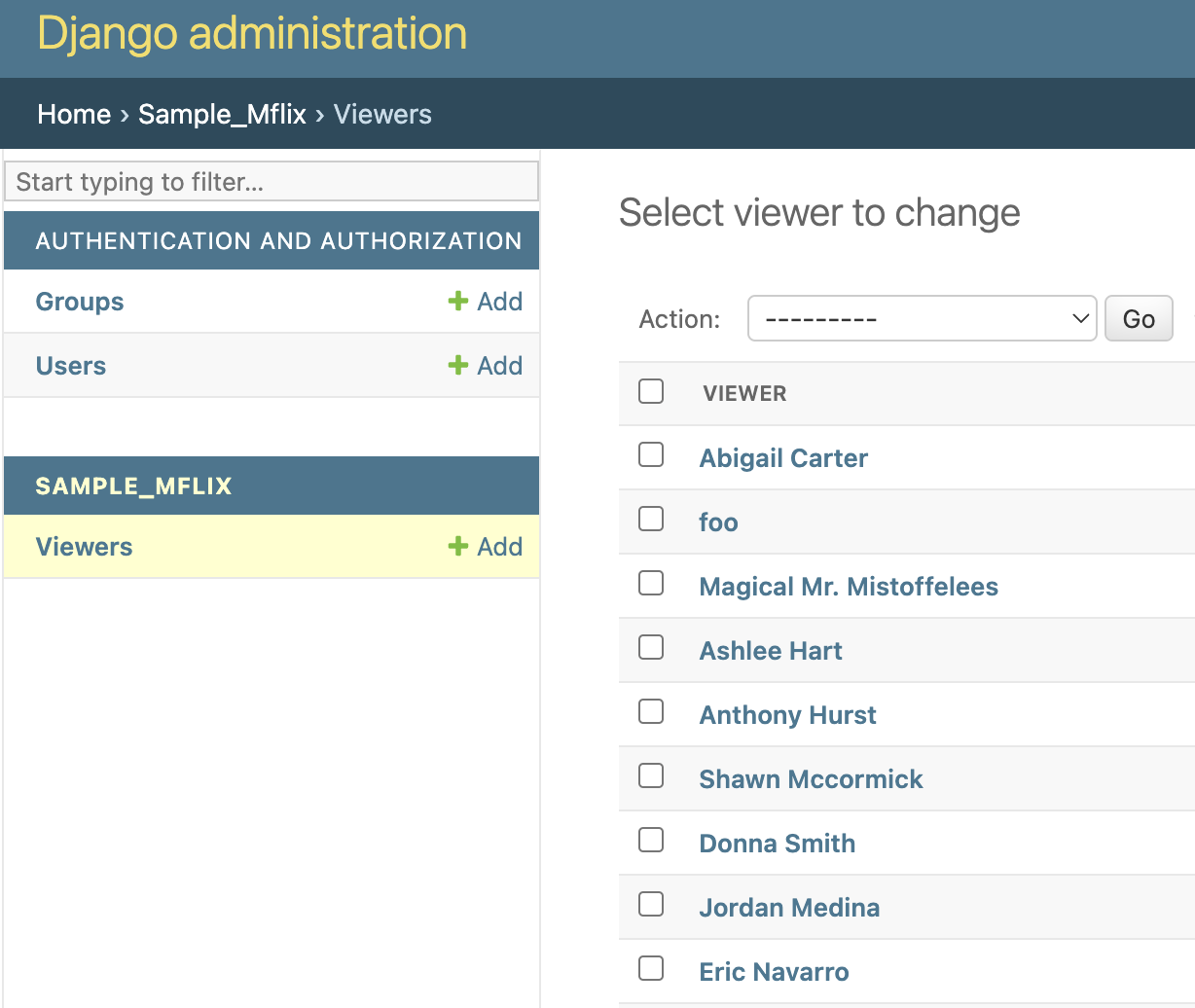 The list of viewers displayed on the admin site.