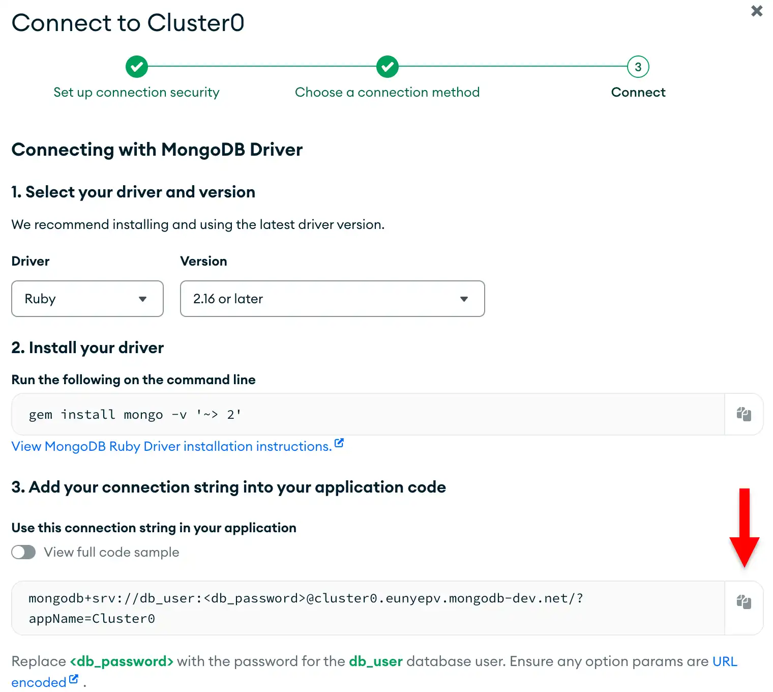 The connection string copy button in the Atlas UI