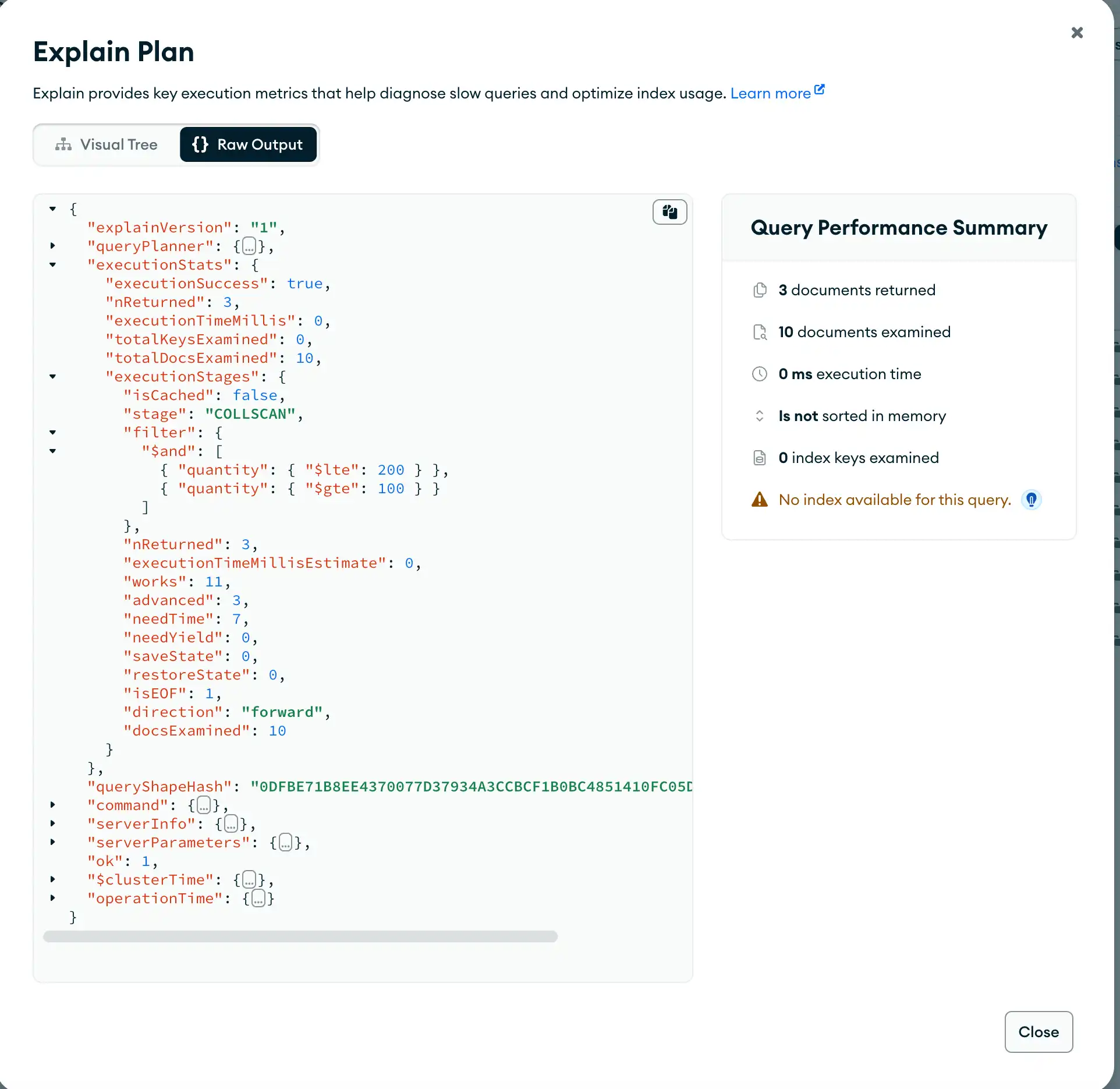 Compass no index query plan raw JSON